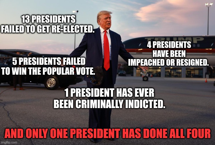 So much winning | 13 PRESIDENTS FAILED TO GET RE-ELECTED. 4 PRESIDENTS HAVE BEEN IMPEACHED OR RESIGNED. 5 PRESIDENTS FAILED TO WIN THE POPULAR VOTE. 1 PRESIDENT HAS EVER BEEN CRIMINALLY INDICTED. AND ONLY ONE PRESIDENT HAS DONE ALL FOUR | image tagged in trump,loser,gop,fascist,moron | made w/ Imgflip meme maker