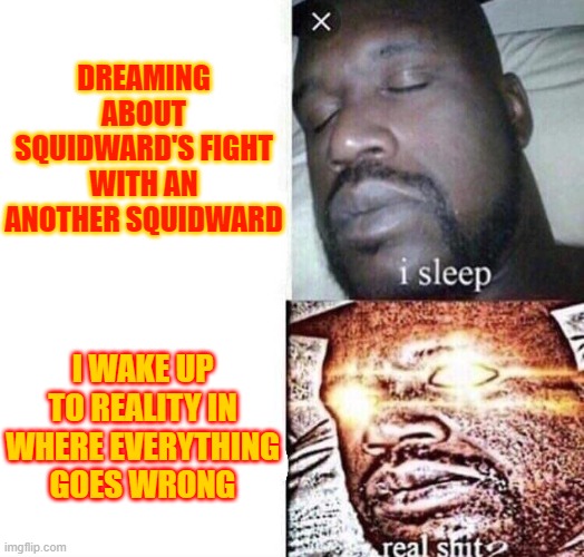 Real shit... | DREAMING ABOUT SQUIDWARD'S FIGHT WITH AN ANOTHER SQUIDWARD; I WAKE UP TO REALITY IN WHERE EVERYTHING GOES WRONG | image tagged in i sleep real shit | made w/ Imgflip meme maker