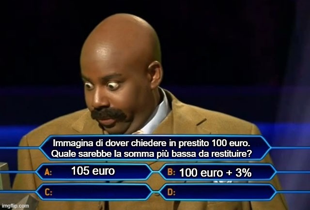 Who wants to be a millionaire? | Immagina di dover chiedere in prestito 100 euro.
Quale sarebbe la somma più bassa da restituire? 105 euro; 100 euro + 3% | image tagged in who wants to be a millionaire | made w/ Imgflip meme maker