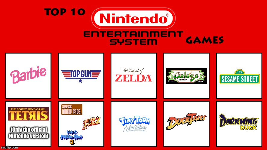 Brandon's Top 10 NES Games | (Only the official Nintendo version) | image tagged in barbie,legend of zelda,sesame street,tetris,super mario bros,ducktales | made w/ Imgflip meme maker