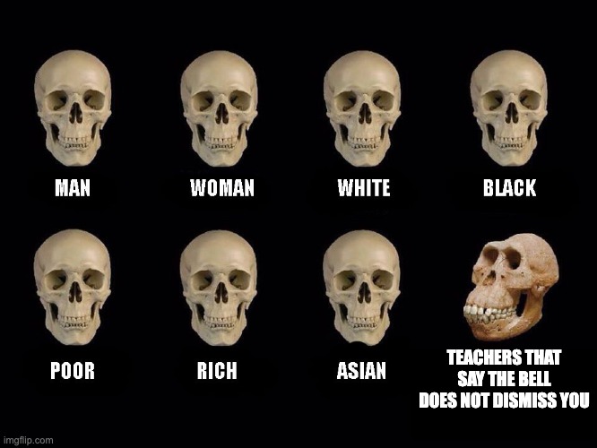 The skull of a teacher | TEACHERS THAT SAY THE BELL DOES NOT DISMISS YOU | image tagged in empty skulls of truth | made w/ Imgflip meme maker