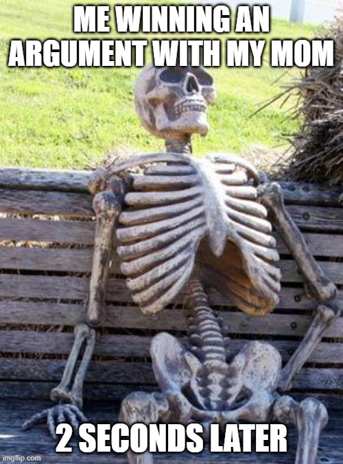 Waiting Skeleton Meme | ME WINNING AN ARGUMENT WITH MY MOM; 2 SECONDS LATER | image tagged in memes,waiting skeleton | made w/ Imgflip meme maker