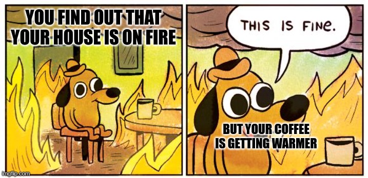 This is so fire | YOU FIND OUT THAT YOUR HOUSE IS ON FIRE; BUT YOUR COFFEE IS GETTING WARMER | image tagged in memes | made w/ Imgflip meme maker