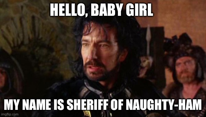 Naughty ham | HELLO, BABY GIRL; MY NAME IS SHERIFF OF NAUGHTY-HAM | image tagged in alan rickman sheriff of nottingham | made w/ Imgflip meme maker