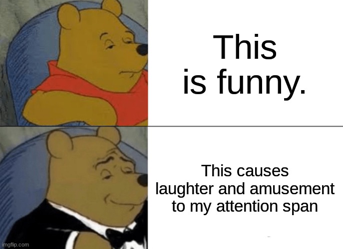 Tuxedo Winnie The Pooh Meme | This is funny. This causes laughter and amusement to my attention span | image tagged in memes,tuxedo winnie the pooh | made w/ Imgflip meme maker