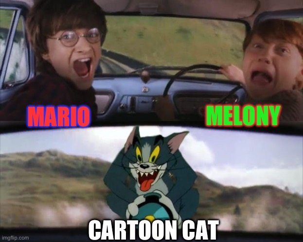 Cartoon Cat scares Melony 15: The Car Chase | MELONY; MARIO; CARTOON CAT | image tagged in tom chasing harry and ron weasly,mario,cartoon cat,melony,smg4,trevor henderson | made w/ Imgflip meme maker