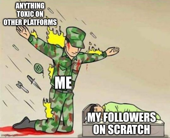 Fr fr | ANYTHING TOXIC ON OTHER PLATFORMS; ME; MY FOLLOWERS ON SCRATCH | image tagged in soldier protecting sleeping child,scratch,fun,memes,funny memes,dank memes | made w/ Imgflip meme maker