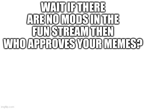 WHO? | WAIT IF THERE ARE NO MODS IN THE FUN STREAM THEN WHO APPROVES YOUR MEMES? | image tagged in huh | made w/ Imgflip meme maker