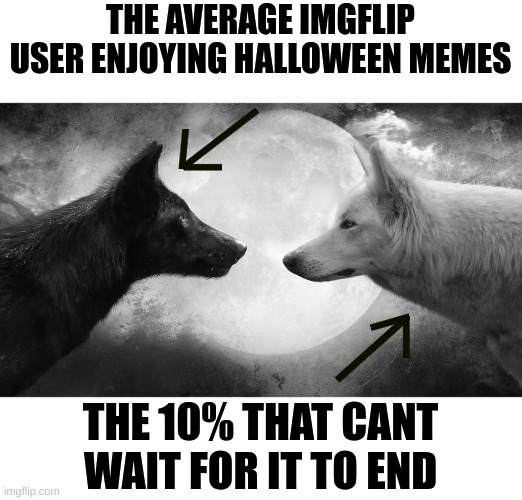 Ngl i'm in the 10% | THE AVERAGE IMGFLIP USER ENJOYING HALLOWEEN MEMES; THE 10% THAT CANT WAIT FOR IT TO END | image tagged in you have two wolves,funny memes,halloween | made w/ Imgflip meme maker