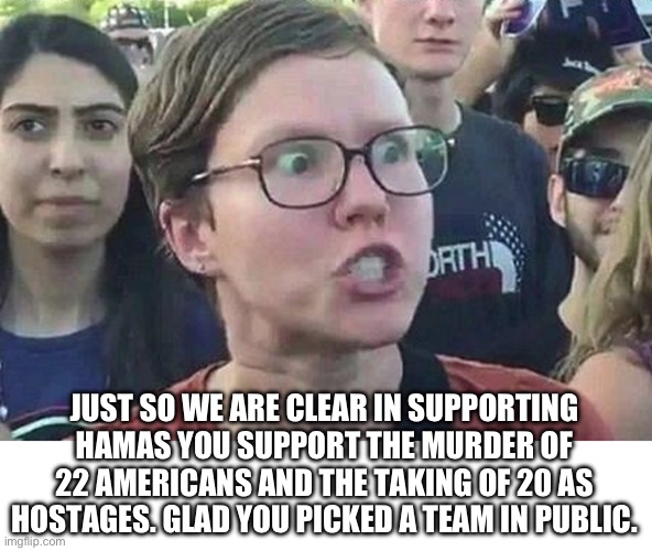 Triggered Liberal | JUST SO WE ARE CLEAR IN SUPPORTING HAMAS YOU SUPPORT THE MURDER OF 22 AMERICANS AND THE TAKING OF 20 AS HOSTAGES. GLAD YOU PICKED A TEAM IN  | image tagged in triggered liberal | made w/ Imgflip meme maker