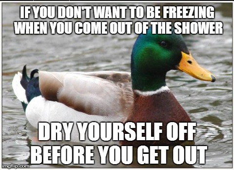 Actual Advice Mallard | IF YOU DON'T WANT TO BE FREEZING WHEN YOU COME OUT OF THE SHOWER DRY YOURSELF OFF BEFORE YOU GET OUT | image tagged in memes,actual advice mallard,AdviceAnimals | made w/ Imgflip meme maker