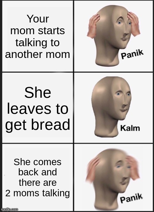 Mom Talk | Your mom starts talking to another mom; She leaves to get bread; She comes back and there are 2 moms talking | image tagged in memes,panik kalm panik | made w/ Imgflip meme maker