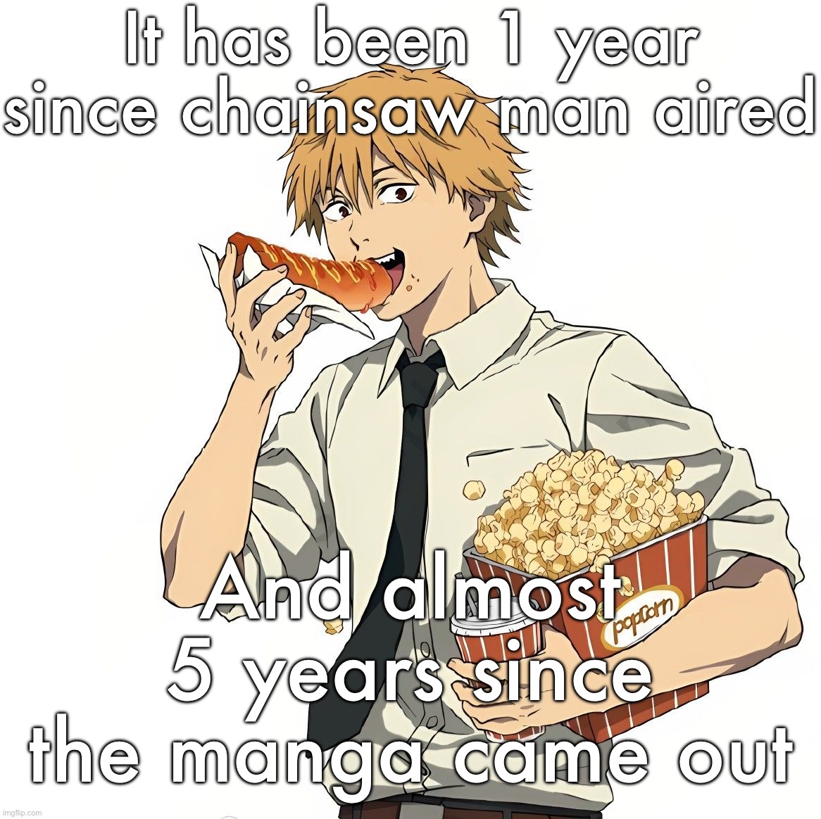 Denji | It has been 1 year since chainsaw man aired; And almost 5 years since the manga came out | image tagged in denji | made w/ Imgflip meme maker