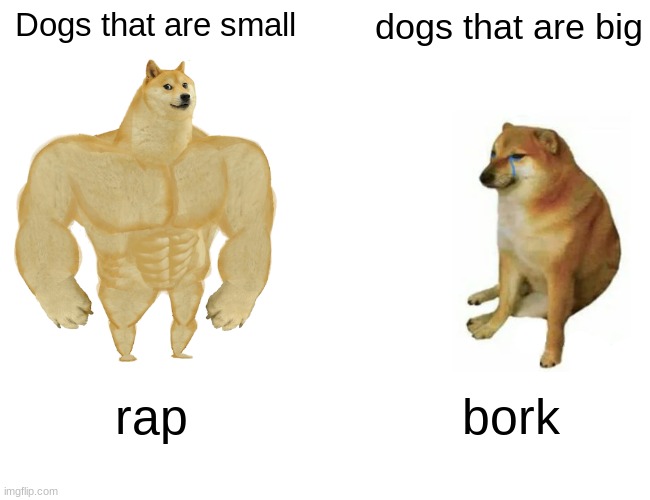 Dogs | Dogs that are small; dogs that are big; rap; bork | image tagged in memes,buff doge vs cheems | made w/ Imgflip meme maker