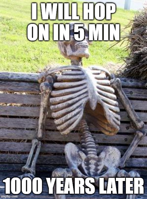 i will hop on in 5 min | I WILL HOP ON IN 5 MIN; 1000 YEARS LATER | image tagged in memes,waiting skeleton | made w/ Imgflip meme maker