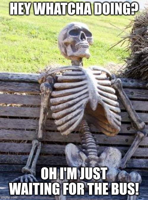 Waiting for bus | HEY WHATCHA DOING? OH I'M JUST WAITING FOR THE BUS! | image tagged in memes,waiting skeleton | made w/ Imgflip meme maker
