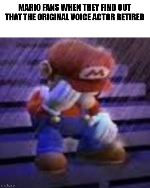 MARIO FANS WHEN THEY FIND OUT THAT THE ORIGINAL VOICE ACTOR RETIRED | image tagged in mario | made w/ Imgflip meme maker