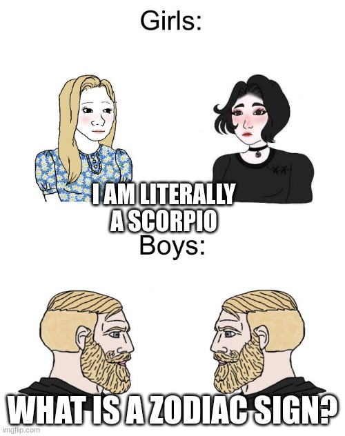 girls be like | I AM LITERALLY A SCORPIO; WHAT IS A ZODIAC SIGN? | image tagged in yes chad boys vs girls | made w/ Imgflip meme maker