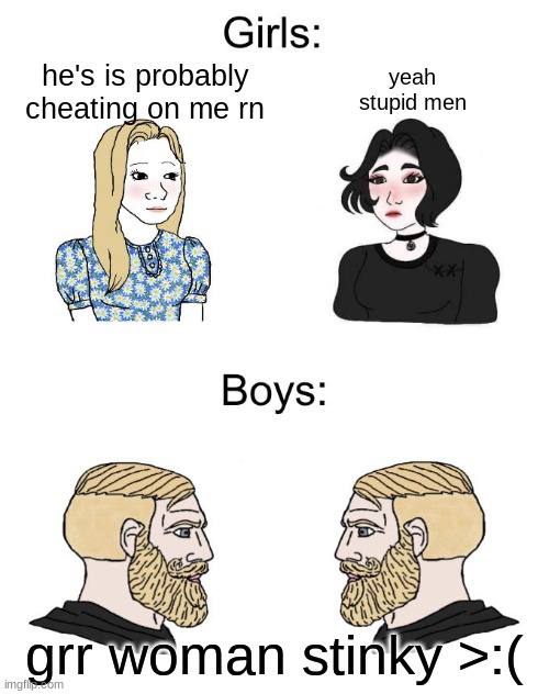 Bad people | yeah stupid men; he's is probably cheating on me rn; grr woman stinky >:( | image tagged in yes chad boys vs girls,funny,paper,yes,stop reading the tags,fnaf | made w/ Imgflip meme maker