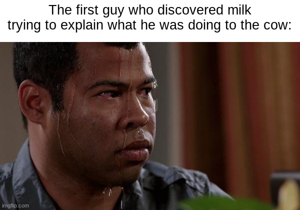 Sweating bullets | The first guy who discovered milk trying to explain what he was doing to the cow: | image tagged in sweating bullets | made w/ Imgflip meme maker