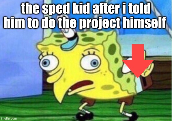bruv | the sped kid after i told
him to do the project himself | image tagged in memes,mocking spongebob | made w/ Imgflip meme maker