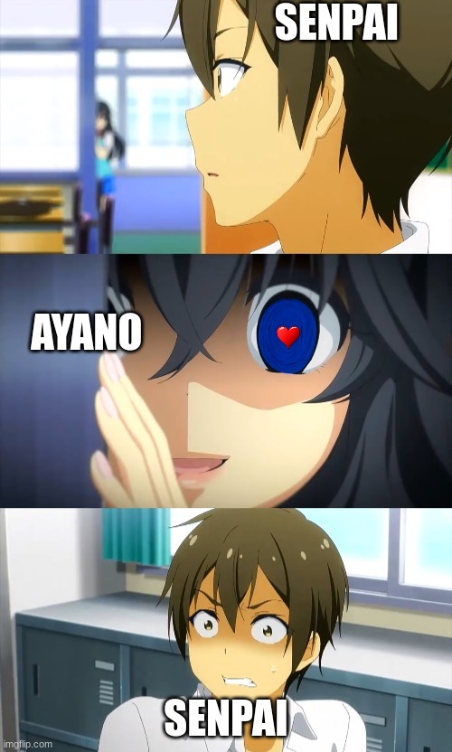 Ayano be like | SENPAI; AYANO; SENPAI | image tagged in anime girl watching you,yandere simulator,memes,funny,yandere | made w/ Imgflip meme maker