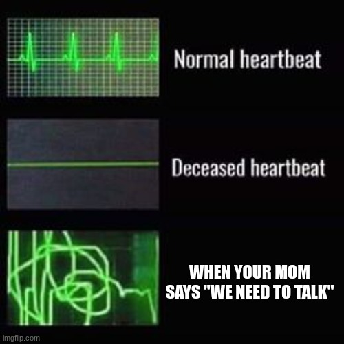 heartbeat rate | WHEN YOUR MOM SAYS "WE NEED TO TALK" | image tagged in heartbeat rate | made w/ Imgflip meme maker