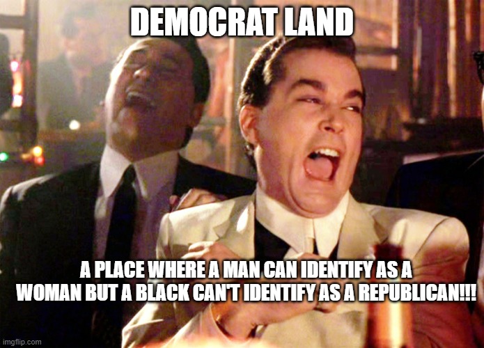 Good Fellas Hilarious Meme | DEMOCRAT LAND; A PLACE WHERE A MAN CAN IDENTIFY AS A WOMAN BUT A BLACK CAN'T IDENTIFY AS A REPUBLICAN!!! | image tagged in memes,good fellas hilarious | made w/ Imgflip meme maker