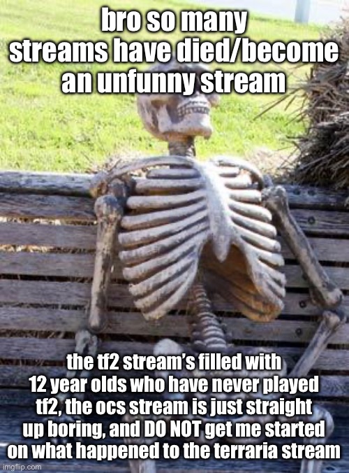 zad | bro so many streams have died/become an unfunny stream; the tf2 stream’s filled with 12 year olds who have never played tf2, the ocs stream is just straight up boring, and DO NOT get me started on what happened to the terraria stream | image tagged in memes,waiting skeleton | made w/ Imgflip meme maker