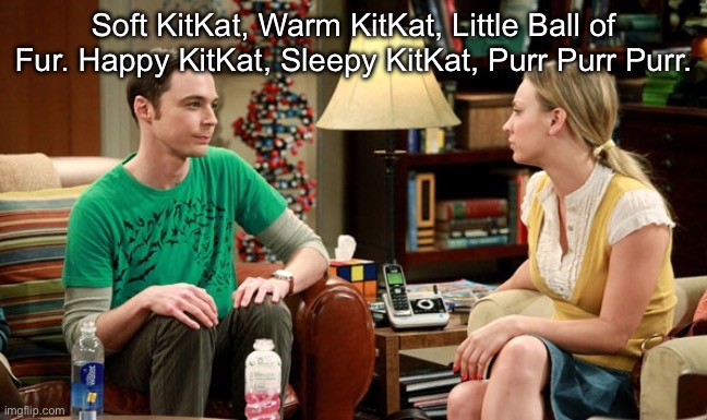 Big Bang Sheldon and penny | Soft KitKat, Warm KitKat, Little Ball of Fur. Happy KitKat, Sleepy KitKat, Purr Purr Purr. | image tagged in big bang sheldon and penny | made w/ Imgflip meme maker