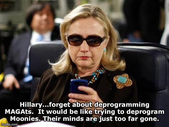 Forget about it. | Hillary...forget about deprogramming MAGAts.  It would be like trying to deprogram Moonies. Their minds are just too far gone. | image tagged in memes,hillary clinton cellphone | made w/ Imgflip meme maker