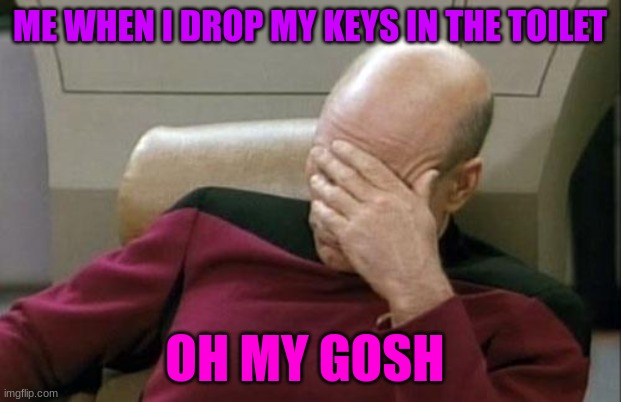 My Little Sister made this. Upvote if you like, downvote if you think letting her on my account was an mistake | ME WHEN I DROP MY KEYS IN THE TOILET; OH MY GOSH | image tagged in memes,captain picard facepalm,keys,toilet,funny | made w/ Imgflip meme maker