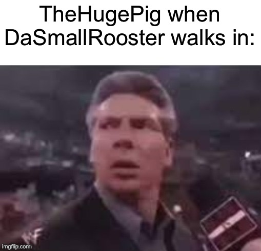 x when x walks in | TheHugePig when DaSmallRooster walks in: | image tagged in x when x walks in | made w/ Imgflip meme maker