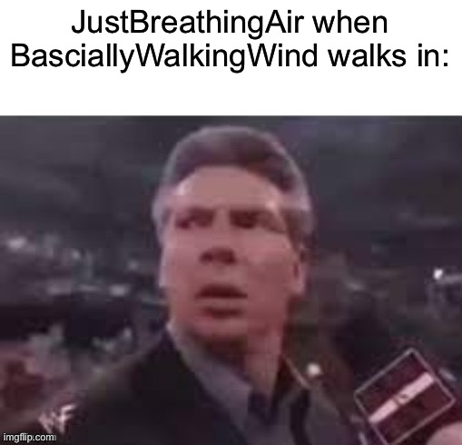 x when x walks in | JustBreathingAir when BasciallyWalkingWind walks in: | image tagged in x when x walks in | made w/ Imgflip meme maker