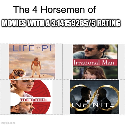 Math is science, right? | MOVIES WITH A 3.14159265/5 RATING | image tagged in four horsemen,math,pi,irrational,movies,memes | made w/ Imgflip meme maker