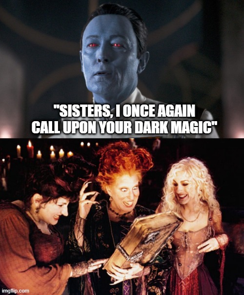 What Could Go Wrong? | "SISTERS, I ONCE AGAIN CALL UPON YOUR DARK MAGIC" | image tagged in thrawn,hocus pocus - spell book | made w/ Imgflip meme maker