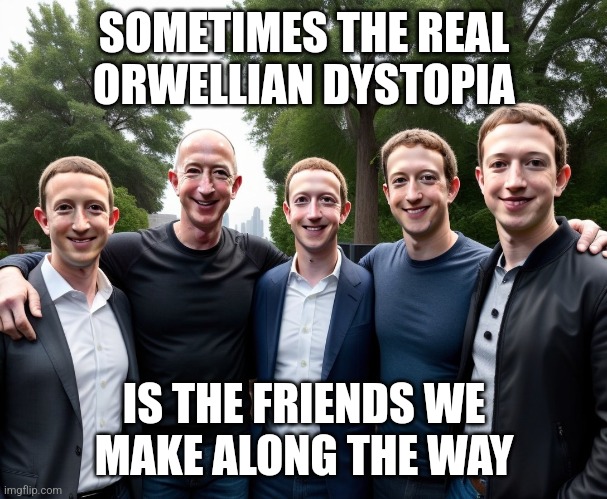 Zuckerberg and Sons | SOMETIMES THE REAL
ORWELLIAN DYSTOPIA; IS THE FRIENDS WE
MAKE ALONG THE WAY | image tagged in zuckerberg and sons | made w/ Imgflip meme maker
