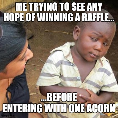 Third World Skeptical Kid Meme | ME TRYING TO SEE ANY HOPE OF WINNING A RAFFLE... ...BEFORE ENTERING WITH ONE ACORN | image tagged in memes,third world skeptical kid | made w/ Imgflip meme maker
