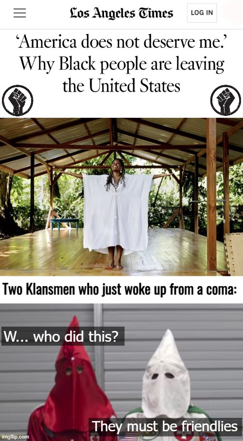 BLM, your friendlies | Two Klansmen who just woke up from a coma:; W... who did this? They must be friendlies | image tagged in american politics,funny,irony | made w/ Imgflip meme maker
