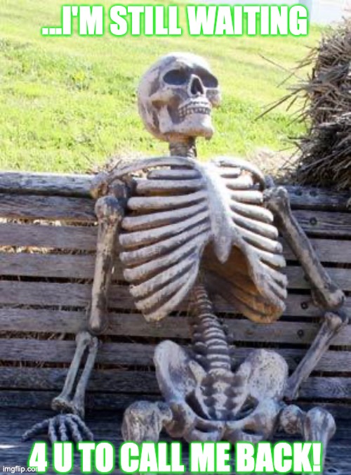 Waiting For A Call Back | ...I'M STILL WAITING; 4 U TO CALL ME BACK! | image tagged in memes,waiting skeleton | made w/ Imgflip meme maker