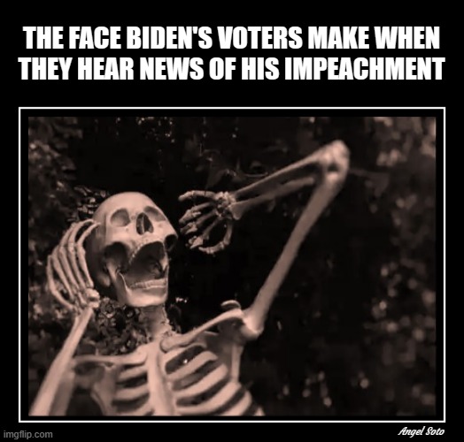 the face Biden's voters make when they hear of his impeachment | THE FACE BIDEN'S VOTERS MAKE WHEN
THEY HEAR NEWS OF HIS IMPEACHMENT; Angel Soto | image tagged in the face you make when,joe biden,democrat,voters,impeachment,skeleton | made w/ Imgflip meme maker