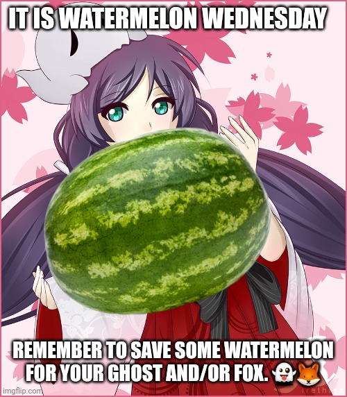 Wednesday facts | IT IS WATERMELON WEDNESDAY; REMEMBER TO SAVE SOME WATERMELON FOR YOUR GHOST AND/OR FOX. 👻🦊 | image tagged in wednesday,facts | made w/ Imgflip meme maker