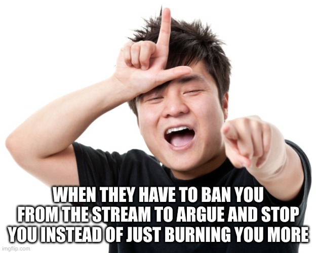SCP-330 could not take it lol (he prob likes cocomelon) | WHEN THEY HAVE TO BAN YOU FROM THE STREAM TO ARGUE AND STOP YOU INSTEAD OF JUST BURNING YOU MORE | image tagged in you're a loser,cringe,idiot | made w/ Imgflip meme maker