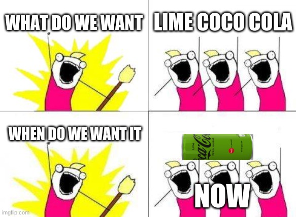 lime coco cola | WHAT DO WE WANT; LIME COCO COLA; WHEN DO WE WANT IT; NOW | image tagged in memes,what do we want | made w/ Imgflip meme maker