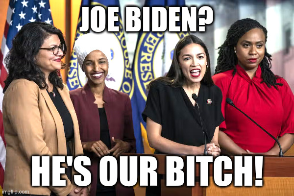 Joe Biden? He's Our Bitch! | image tagged in aoc,the squad,joe biden,our bitch,6 billion,iran | made w/ Imgflip meme maker