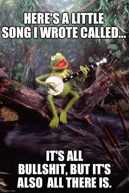 Kermit song, it's all BS, folks! | HERE'S A LITTLE SONG I WROTE CALLED... IT'S ALL BULLSHIT, BUT IT'S ALSO  ALL THERE IS. | image tagged in kermit sings a song | made w/ Imgflip meme maker