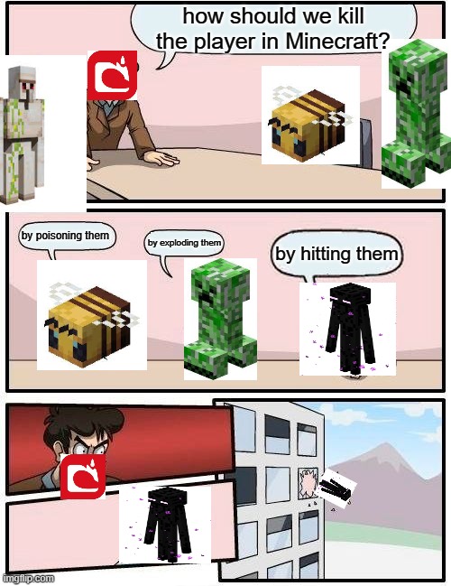 Boardroom Meeting Suggestion Meme | how should we kill the player in Minecraft? by poisoning them; by exploding them; by hitting them | image tagged in memes,boardroom meeting suggestion | made w/ Imgflip meme maker