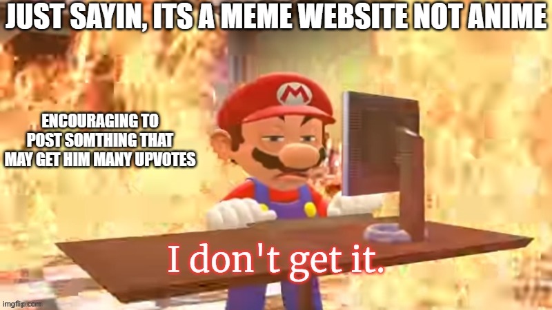 Mario I don't get it | JUST SAYIN, ITS A MEME WEBSITE NOT ANIME ENCOURAGING TO POST SOMTHING THAT MAY GET HIM MANY UPVOTES | image tagged in mario i don't get it | made w/ Imgflip meme maker