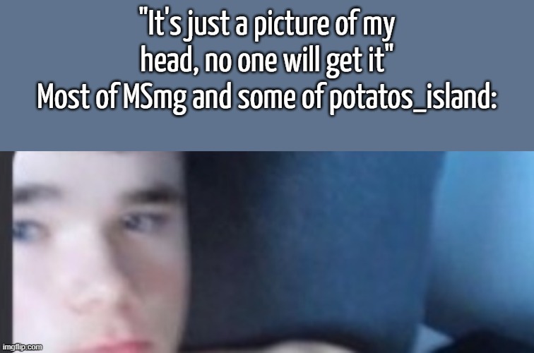 Thank god I've changed | "It's just a picture of my head, no one will get it"
Most of MSmg and some of potatos_island: | made w/ Imgflip meme maker
