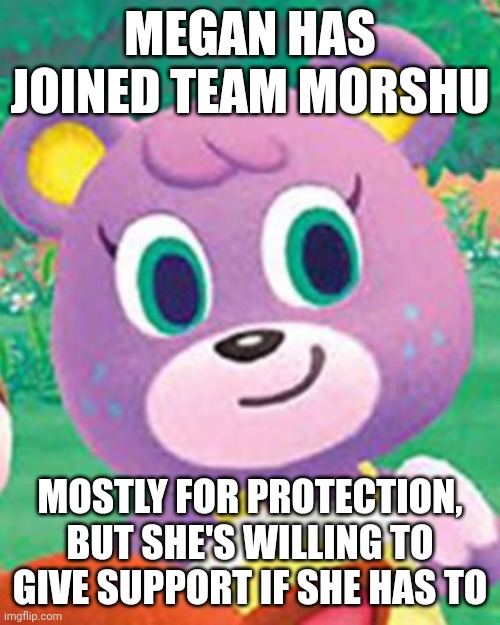 MEGAN HAS JOINED TEAM MORSHU; MOSTLY FOR PROTECTION, BUT SHE'S WILLING TO GIVE SUPPORT IF SHE HAS TO | made w/ Imgflip meme maker
